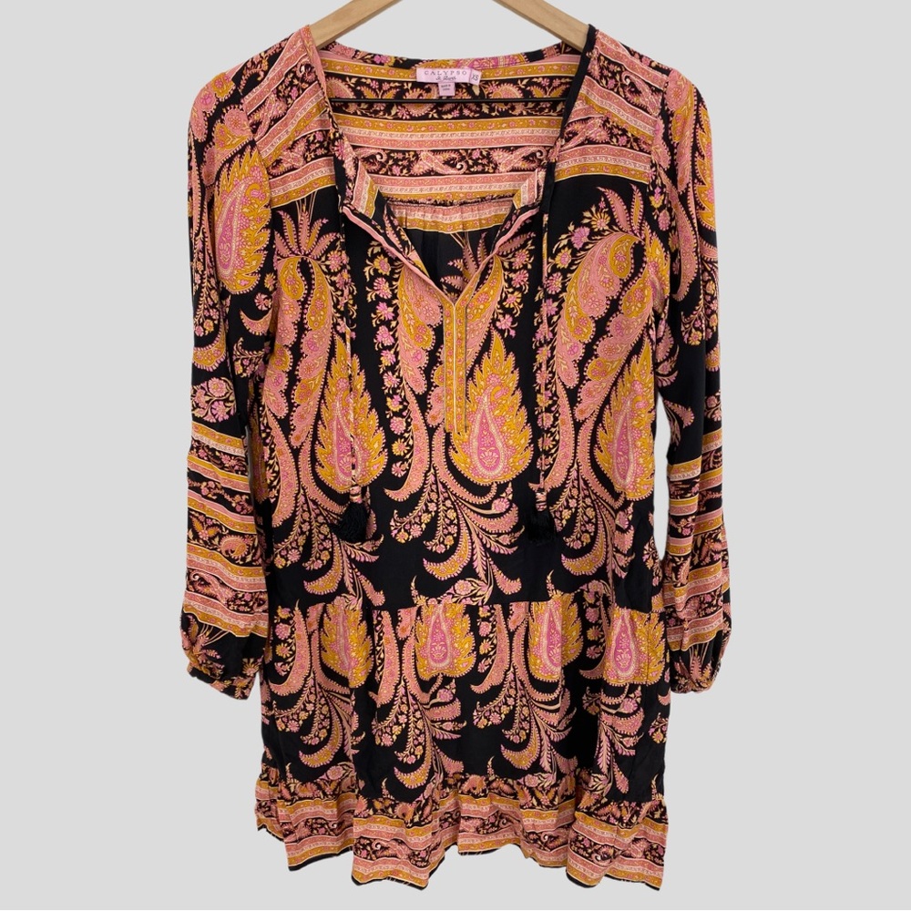 Calypso St. Barth Orange Pink Black Silk Boho Mini Dress